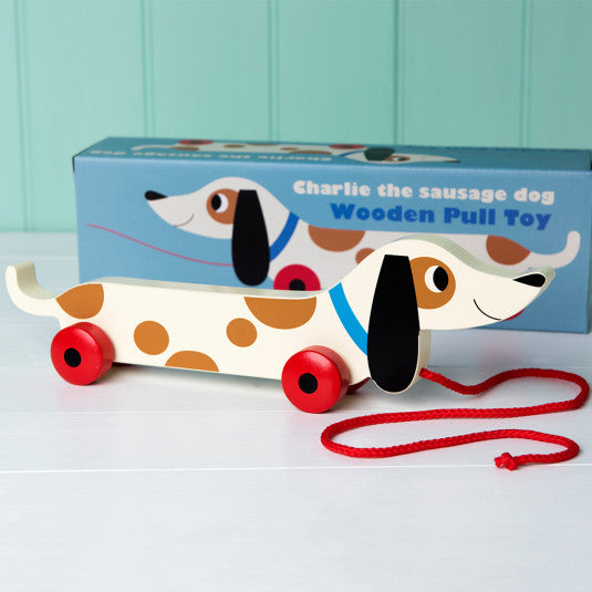 sausage dog wooden pull along toy