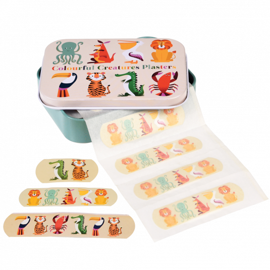 colourful creatures plasters in a tin