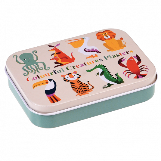 colourful creatures plasters in a tin